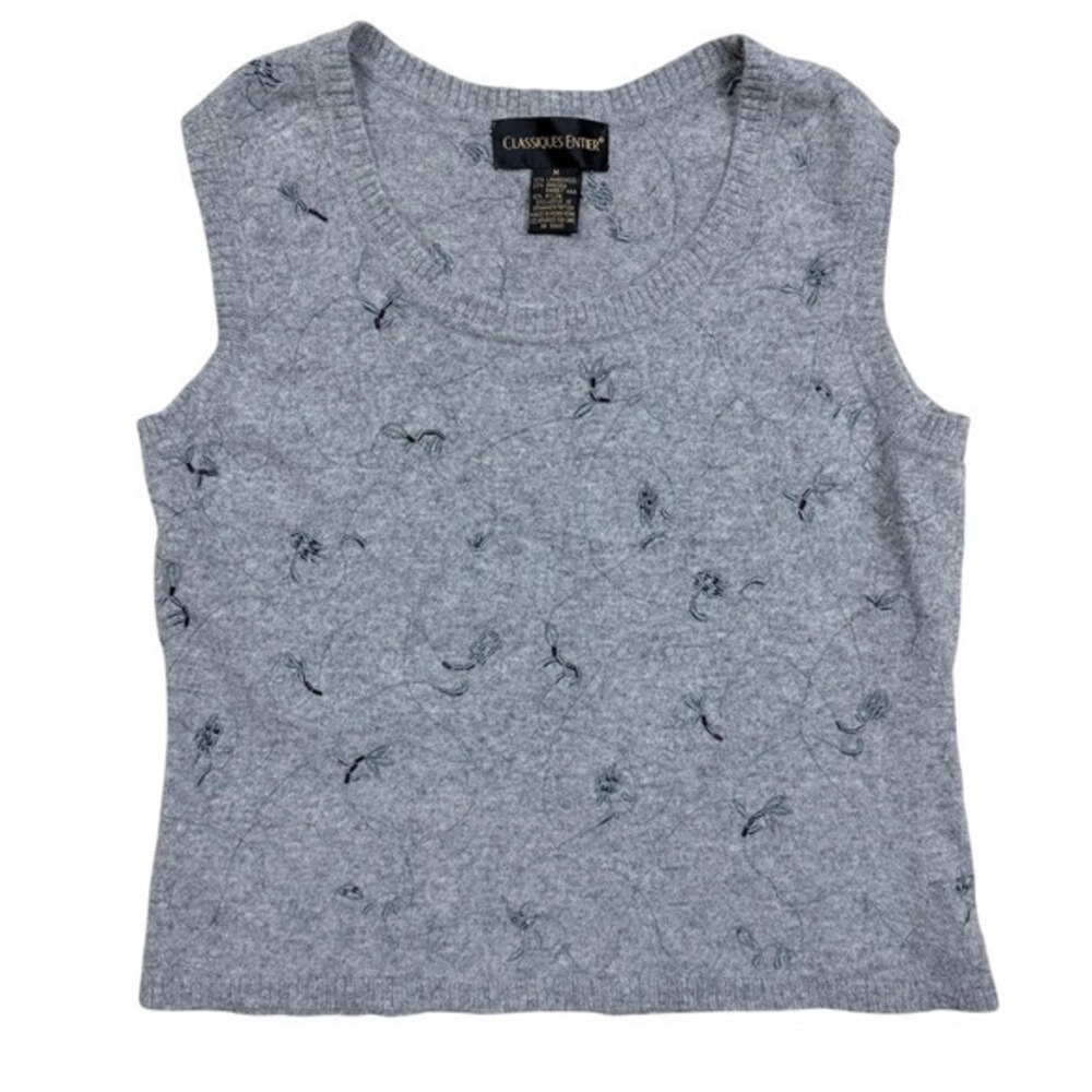 Classiques Entier Gray Lambswool Angora Beaded Floral Cropped‎ Sweater Vest M